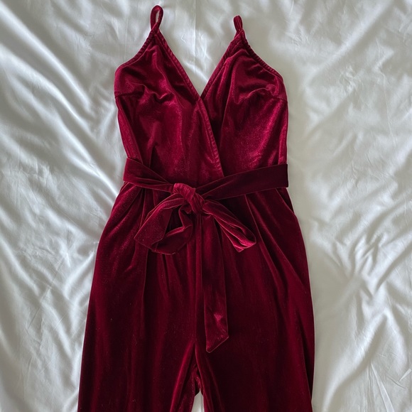 Red Belted Velvet Jumpsuit